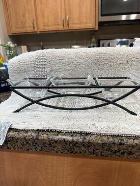 3-Section Glass Serving Dish with Black Metal Stand